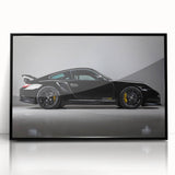 Large abstract wall art featuring a black sports car, in mid-century modernist style, on a framed acrylic print.