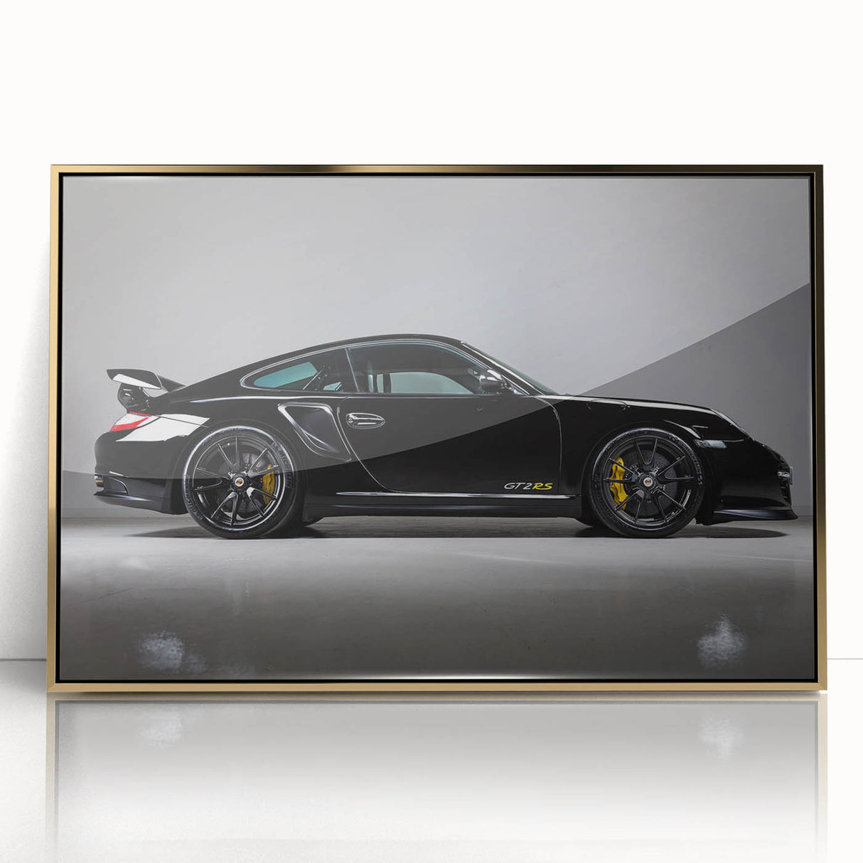 Front view of a gold sports car in mid-century modernist style on a framed acrylic print, suitable for modern art wall decor.