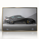 Front view of a gold sports car in mid-century modernist style on a framed acrylic print, suitable for modern art wall decor.