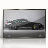Mid-century modernist art of a silver sports car on a framed acrylic, featuring cool gray and metallic tones.