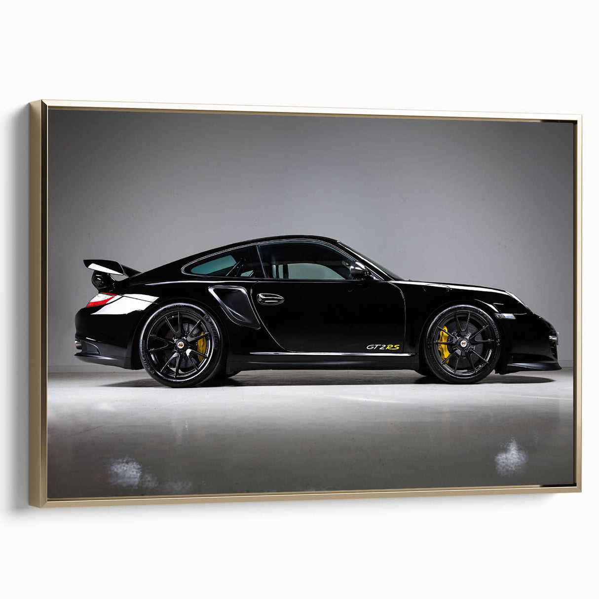 Side view of a vintage sports car in gold on black framed canvas, ideal for bedroom wall decor.