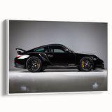 Vintage poster art of a classic car in colorful hues on a large framed canvas, ideal for living room decor.