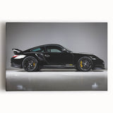 Black and white photo of a classic sports car on stretched canvas, ideal for kitchen wall art.