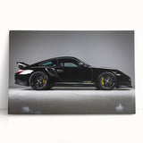 Black and white photo of a sports car on stretched canvas, ideal for kitchen wall art or bedroom decor.