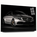 Side view of a sport car in gray and black tones on acrylic glass, suitable for bedroom or dining room art.