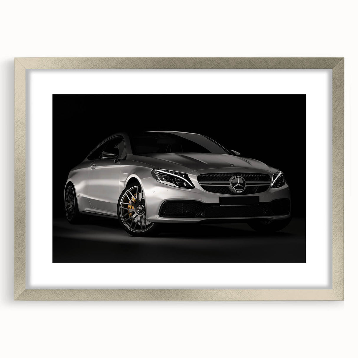 Abstract art print of a sports car in textured grays and silvers on framed canvas, ideal for modern bedroom decor.