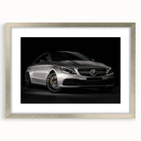Abstract art print of a sports car in textured grays and silvers on framed canvas, ideal for modern bedroom decor.