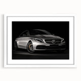 Abstract art print of a sports car in monochrome tones on a framed white mat, suitable for bedroom or dining room decor.