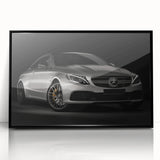 Large abstract wall art depicting a black sports car in mid-century modernist style on framed acrylic.