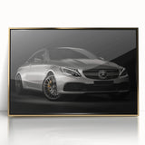 Mid-century modernist style large art print of a sports car in vibrant colors, framed in gold acrylic.