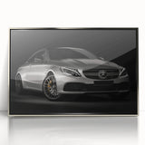 Mid-century modernist art of a silver sports car in acrylic print, framed, suitable for modern art wall decor.