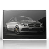 Art deco poster of a classic sports car in monochrome, framed in white acrylic, suitable for modern art wall decor.