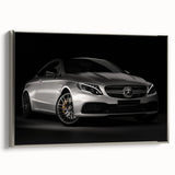 Silver vintage sports car on black background, framed canvas, ideal for modern office decor.