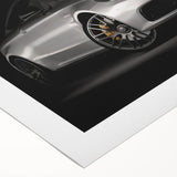 Art deco poster featuring a vintage sports car in monochrome shades on rolled canvas, suitable for dining room decor.