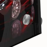 Large abstract wall art featuring a dynamic array of geometric patterns in muted browns and oranges on acrylic glass.