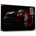 Side view of a red sports car on acrylic glass, with a dynamic pose, suited for bedroom or dining room decor.