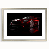 Abstract art print of sports cars with textured silver and black hues on a framed canvas, suitable for bedroom art.