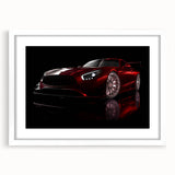 Abstract art print of a stylized sports car in bold red and black tones on a white framed mat.