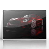 Art deco poster of a vintage sports car in muted grays and blues, acrylic print framed in white.