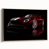 Gold-framed canvas of a vintage sports car in profile, in monochrome black, ideal for bedroom wall art.