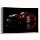 Silver sports car in profile against a black background, framed canvas, suited for modern office decor.
