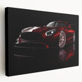 Side view of a red sports car on a stretched canvas, with a vibrant background, ideal for kitchen wall art.