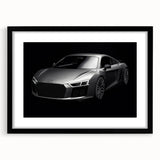 Abstract art print of colorful sports cars, textured on large canvas, framed in black, suitable for living room decor.