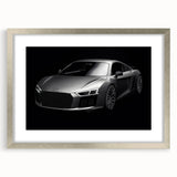 Textured art print of abstract sports cars in silver and gray tones on a framed canvas, suitable for bedroom decor.