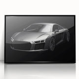 Large abstract wall art featuring a black sports car, in mid-century modernist style on a framed acrylic print.