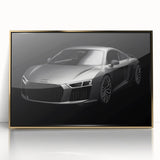 Gold-framed acrylic print of a front view of a classic car in muted colors, ideal for modern art wall decor.