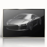 Mid-century modernist art featuring a silver sports car in acrylic, ideal for modern art wall decor in a home office.