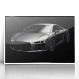 Art deco poster of a vintage sports car in monochrome, acrylic framed print, suitable for modern art wall decor.