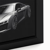 Framed canvas featuring a close-up of a black sports car with vibrant, textured accents, ideal for living room decor.