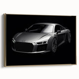 Side view of a vintage sports car in gold on a black framed canvas, suitable for bedroom wall decor.