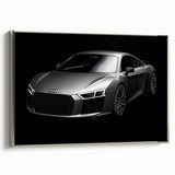 Silver sports car on a black background in a minimalist style, framed canvas, suitable for modern office decor.