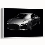 Vintage poster art of a classic car in colorful hues on a black background, framed canvas, ideal for living room decor.