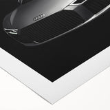 Art deco poster of a classic sports car in monochrome shades on rolled canvas, suitable for dining room decor.