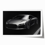 Rolled print of a sports car in vibrant red on a stark white background, suitable for art wall dining room.