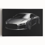 Black and white photo of a vintage sports car on stretched canvas, ideal for kitchen wall art.