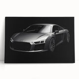Black and white photo of a sports car on a stretched canvas, ideal for kitchen wall art or bedroom decor.