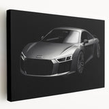 Side view of a red sports car on a stretched canvas, with vibrant red and black tones, suitable for kitchen wall art.