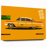 Side view of a red sports car on large acrylic glass, ideal for modern bedroom or dining room decor.