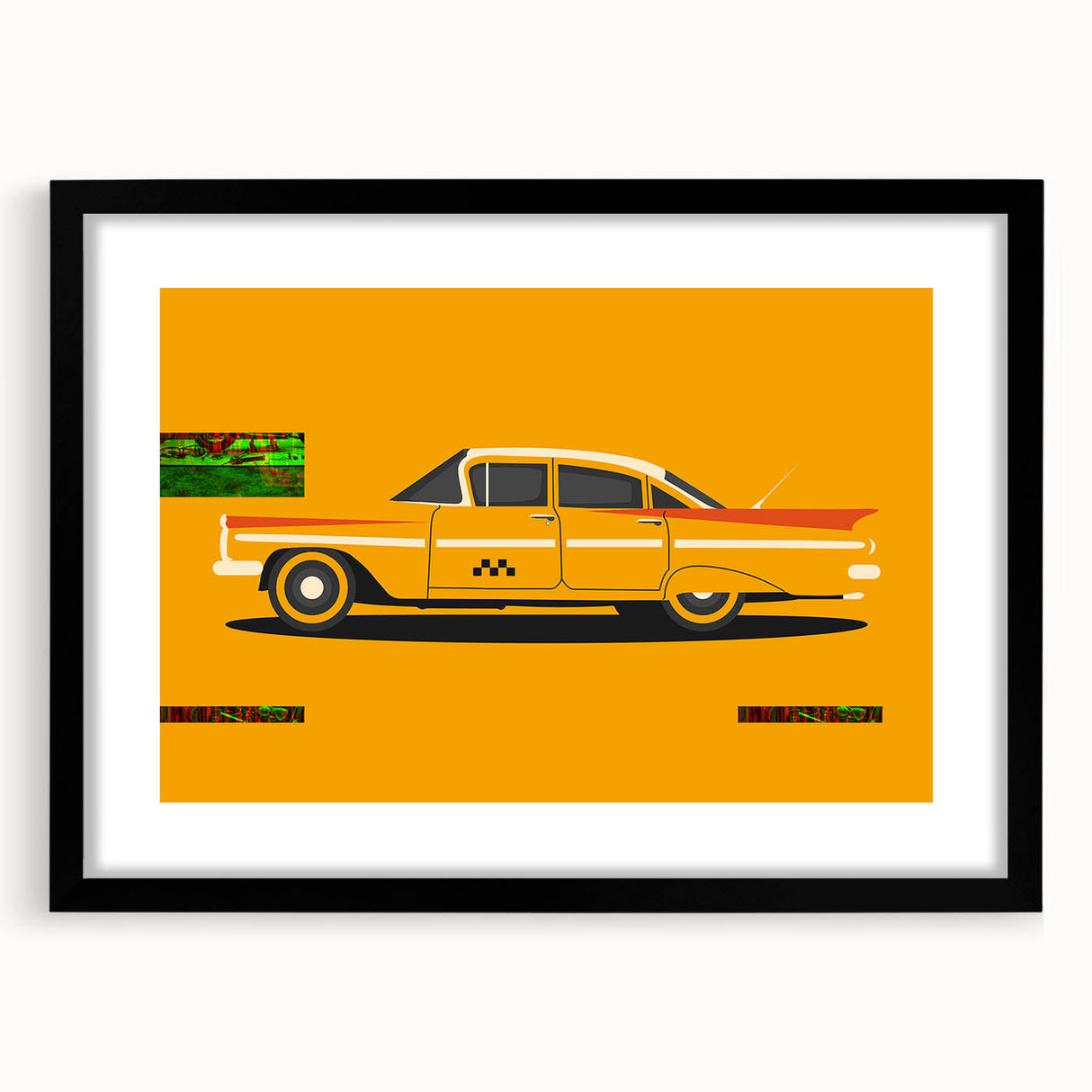 Abstract art print of colorful, textured sports cars on a large canvas, ideal for living room decor.