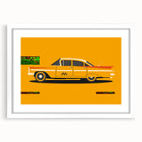 Abstract art print of a sport car in vibrant red and black tones on a white framed mat.