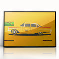 Front view of a black sports car in a large abstract wall art on acrylic, featuring mid-century modernist style.