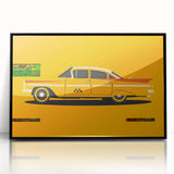 Front view of a black sports car in a large abstract wall art on acrylic, featuring mid-century modernist style.
