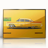 Mid-century modernist style large art print of a golden sports car on acrylic, ideal for modern art wall decor.
