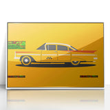 Art deco poster featuring a sleek sports car in monochrome, printed on white framed acrylic.