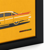 Close-up of a black framed canvas featuring a textured, colorful depiction of sports cars.