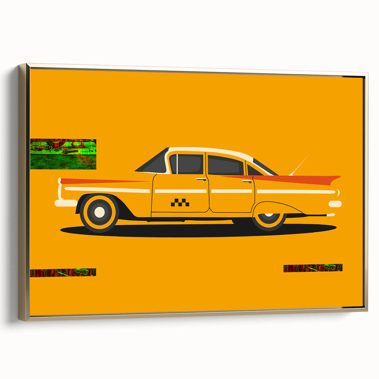 Side view of a vintage sports car in black and gold on a framed canvas, suitable for bedroom wall decor.